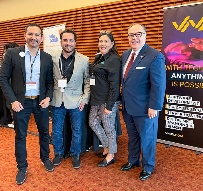 Manuel, Javier, and Brenda Oblitas with USHCC CEO Ramiro Cavazos at LBAN's SOLE event, Stanford, 2023