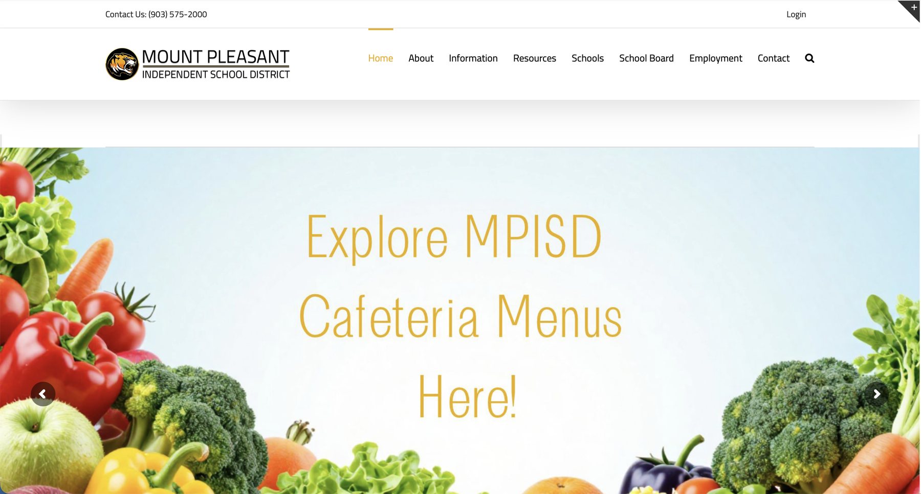 Previous Mount Pleasant ISD website, homepage with cafeteria menu banner