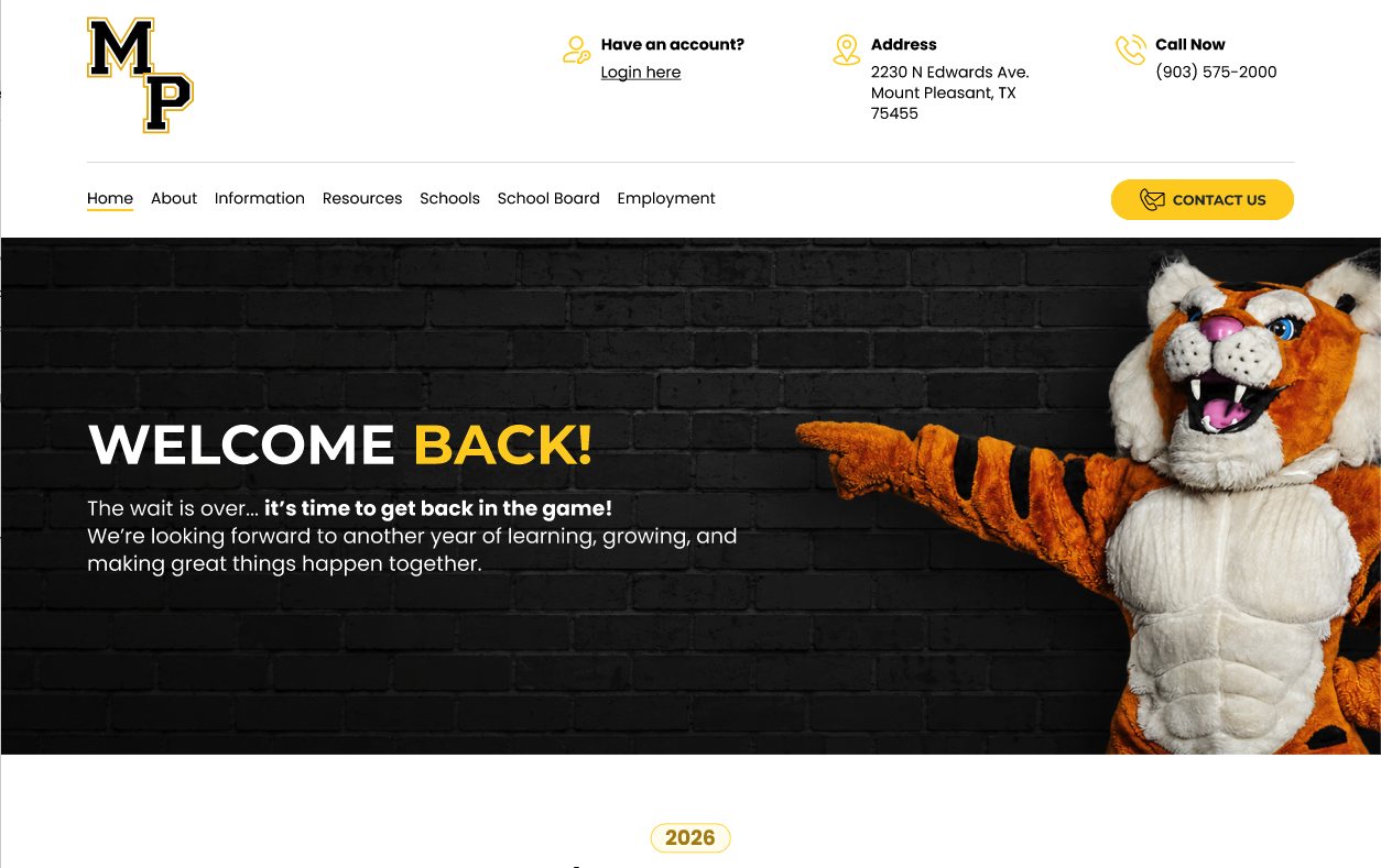 New Mount Pleasant ISD website design, homepage hero